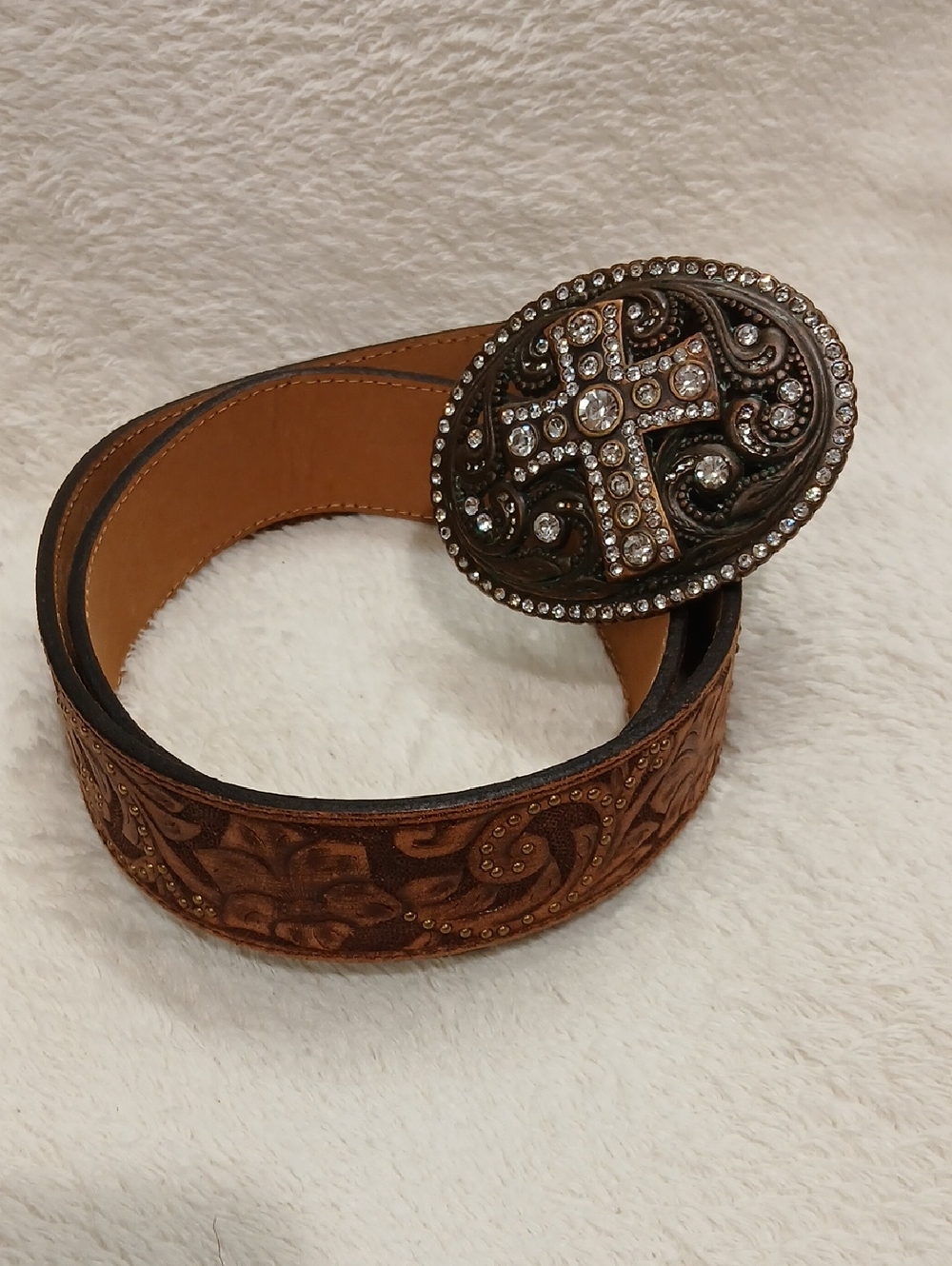 Justin Boots Ladies Western Spirit Tooled Leather Belt Sz 30 With Buckle